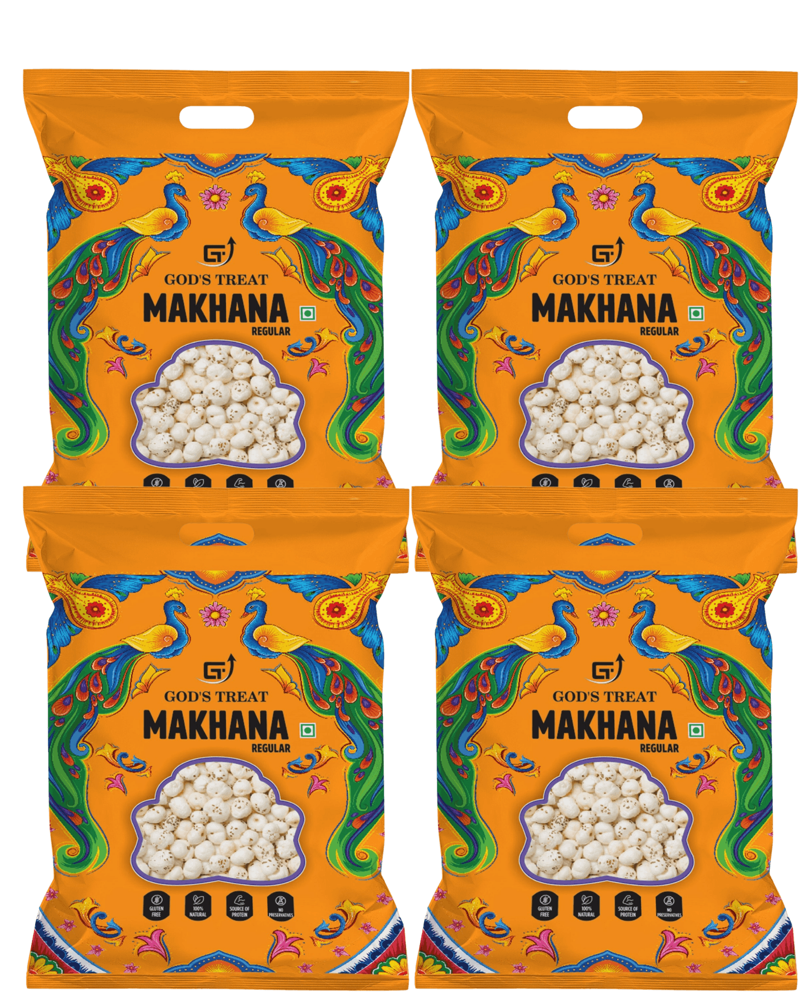 GOD'S TREAT Regular Raw Phool Makhana 250g | Pack of 4 | Healthy Regular Foxnuts | Organic | Gluten-Free | Protein-Rich & Natural Superfood