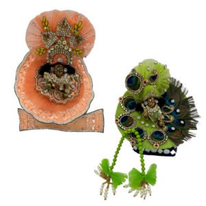 Kanha Ji Designer (Pack of 2) Poshak 3 No. Model,Heavy Zardozi Silk Net Dress for Krishna Ji | Thakur Ji, Bal Gopal Heavy Dress (Peach & Green, 6 Inch)