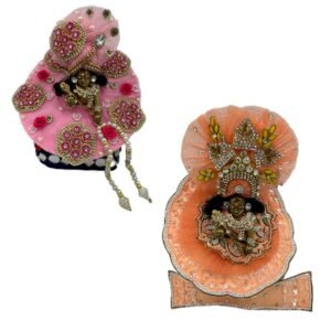 Kanha Ji Designer (Pack of 2) Poshak 3 No. Model,Heavy Zardozi Silk Net Dress for Krishna Ji | Thakur Ji, Bal Gopal Heavy Dress (Pink & Peach, 6 Inch)