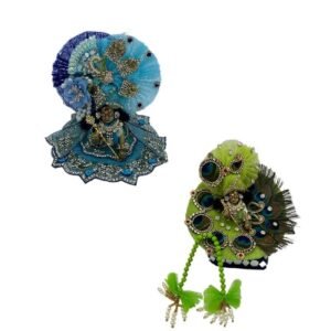 Kanha Ji Designer (Pack of 2) Poshak 4 No. Model,Heavy Zardozi Silk Net Dress for Krishna Ji | Thakur Ji, Bal Gopal Heavy Dress (Blue & Green, 8 Inch)