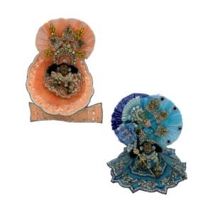 Kanha Ji Designer (Pack of 2) Poshak 4 No. Model,Heavy Zardozi Silk Net Dress for Krishna Ji | Thakur Ji, Bal Gopal Heavy Dress (Peach & Blue, 8 Inch)