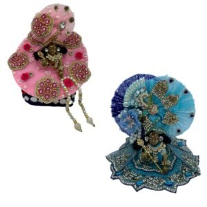 Kanha Ji Zardozi Poshak – Silk Net Designer Dress for Krishna Ji | Bal Gopal Dress with Necklace, Pagri, ANG Rakha | Idol Outfit for Thakur Ji (Pink & Blue, 6 Inch)