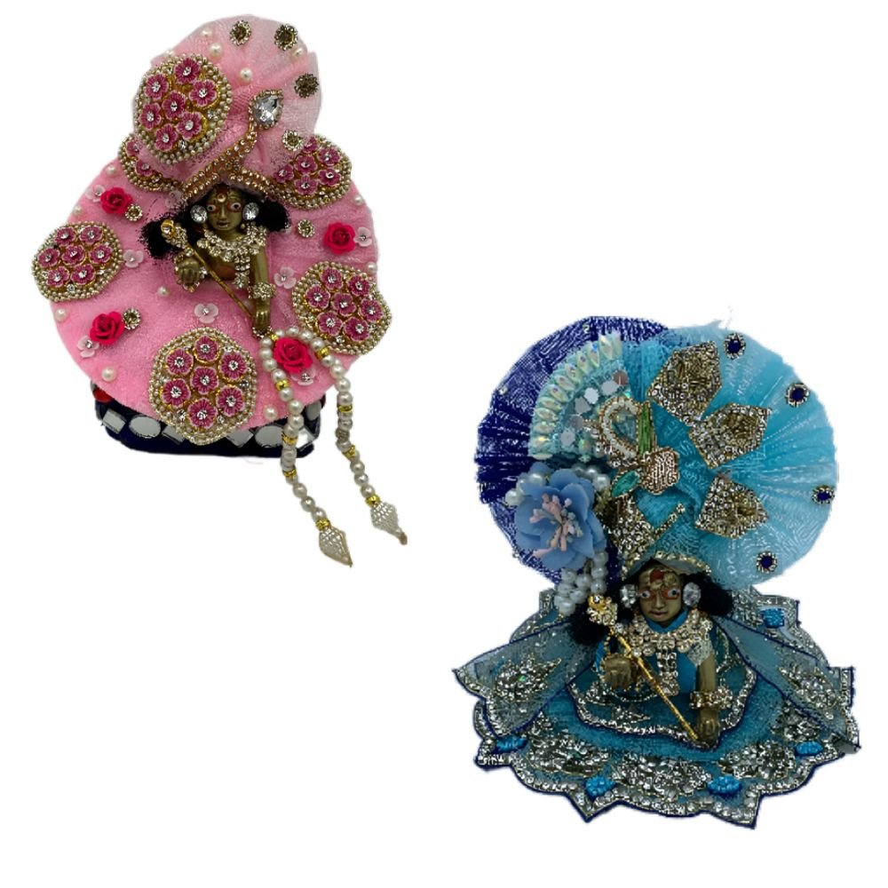 Kanha Ji Zardozi Poshak – Silk Net Designer Dress for Krishna Ji | Bal Gopal Dress with Necklace, Pagri, ANG Rakha | Idol Outfit for Thakur Ji (Pink & Blue, 6 Inch)