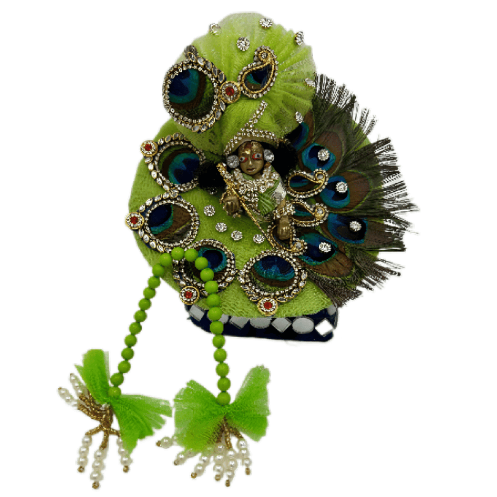 Kanha Green Peacock Poshak | 3 No. Model | Size - 6 Inch Designer Poshak with Neckless, ANG Rakha and Beautiful Pagri | Heavy Zardozi Silk Net Dress for Krishna Ji | Thakur Ji