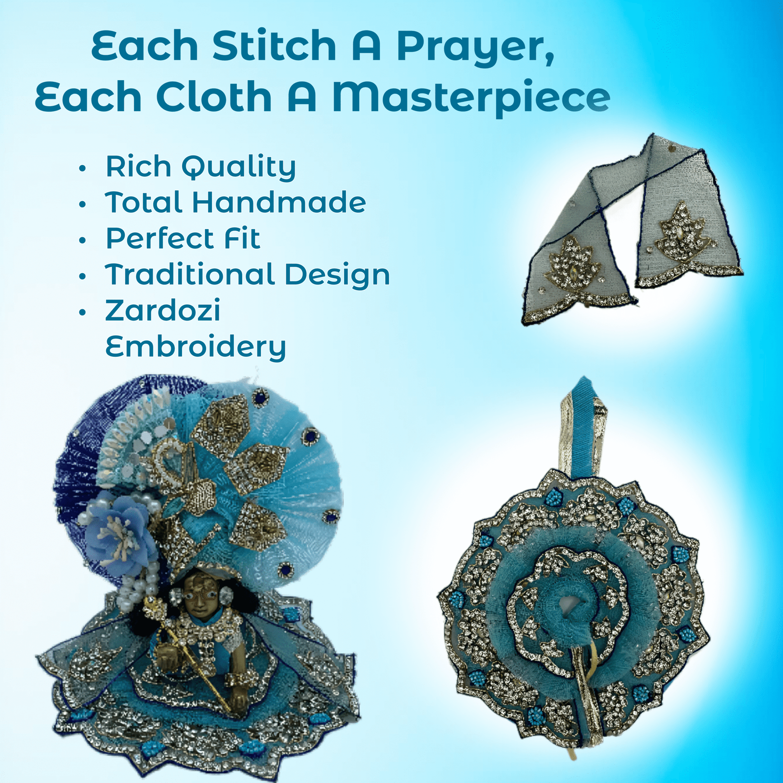 Kanha Blue Poshak | 3 No. Model | Size – 6 Inch Designer Poshak with Neckless, ANG Rakha and Beautiful Pagri | Heavy Zardozi Silk Net Dress for Krishna Ji | Thakur Ji Kanha Blue Poshak | 3 No. Model | Size – 6 Inch Designer Poshak with Neckless, ANG Rakha and Beautiful Pagri | Heavy Zardozi Silk Net Dress for Krishna Ji | Thakur Ji