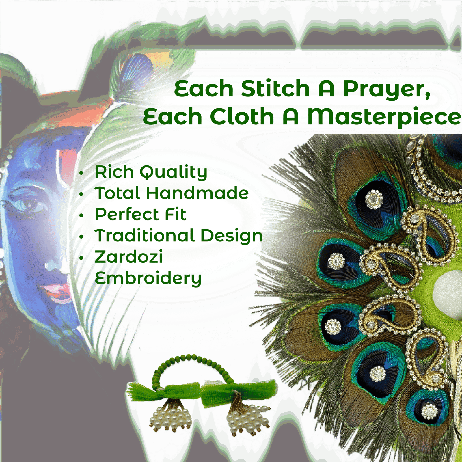 Kanha Green Peacock Poshak | 3 No. Model | Size - 6 Inch Designer Poshak with Neckless, ANG Rakha and Beautiful Pagri | Heavy Zardozi Silk Net Dress for Krishna Ji | Thakur Ji - Image 5