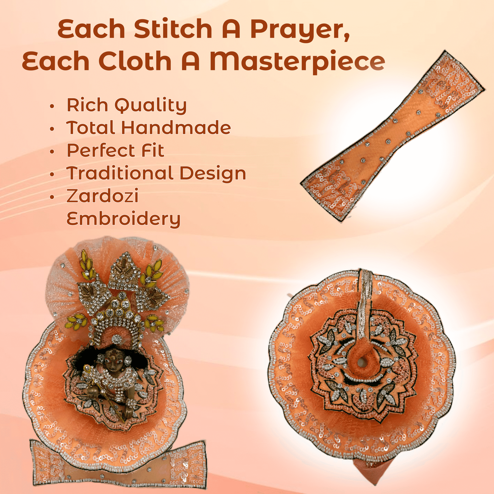 Kanha Peach Poshak | 3 No. Model | Size - 6 Inch Designer Poshak with Neckless, ANG Rakha and Beautiful Pagri | Heavy Zardozi Silk Net Dress for Krishna Ji | Thakur Ji - Image 6