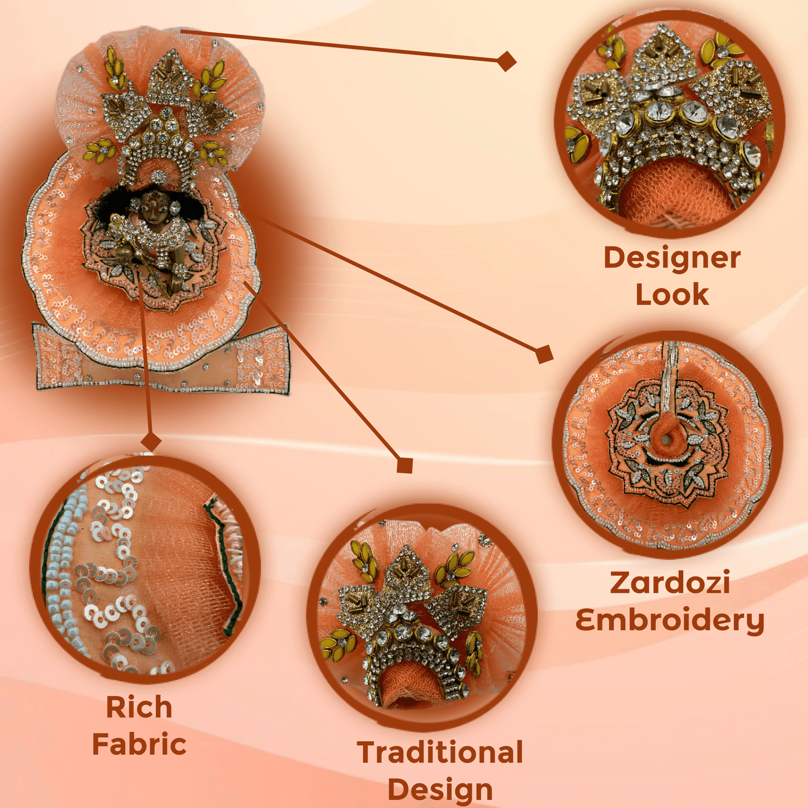 Kanha Peach Poshak | 3 No. Model | Size - 6 Inch Designer Poshak with Neckless, ANG Rakha and Beautiful Pagri | Heavy Zardozi Silk Net Dress for Krishna Ji | Thakur Ji - Image 5