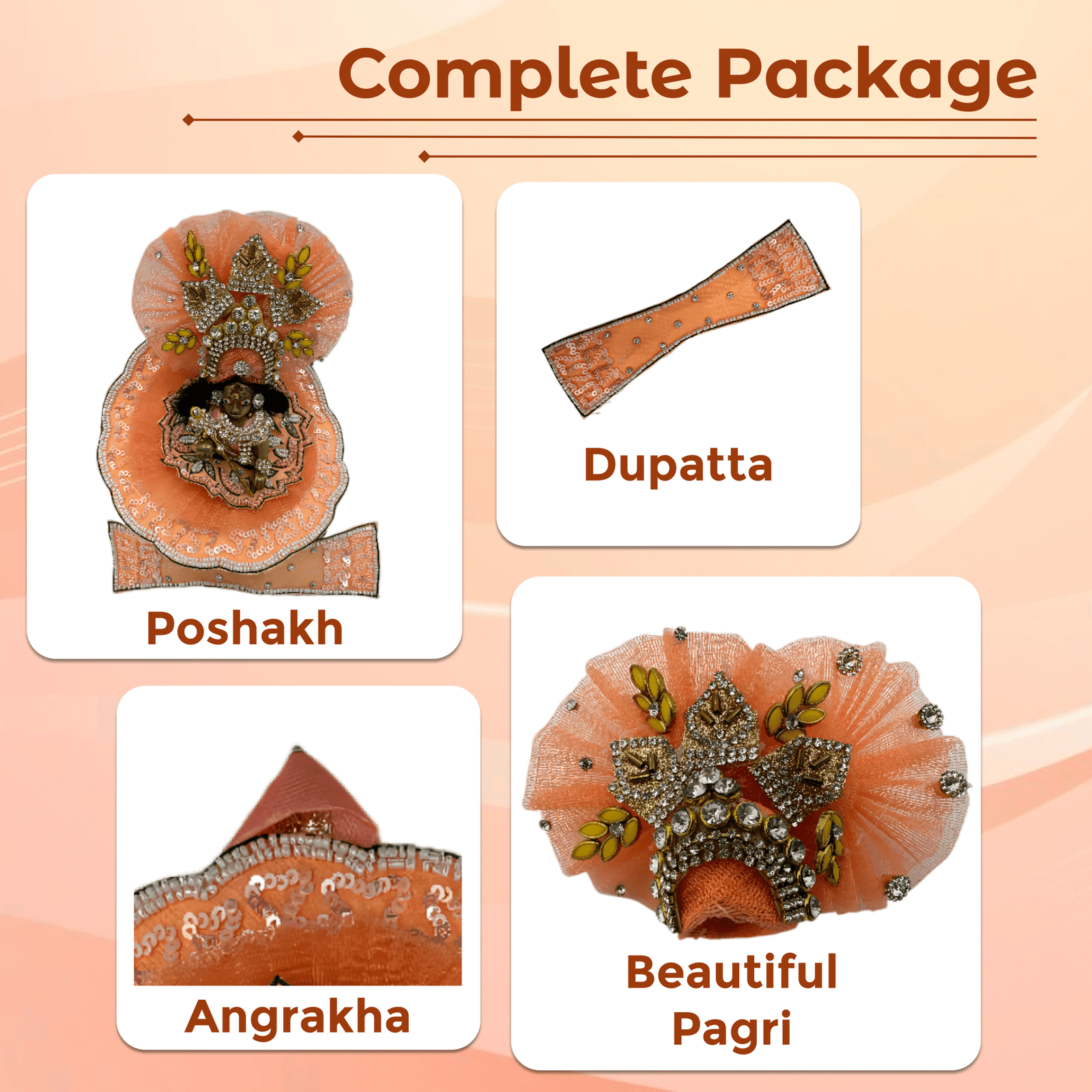 Kanha Peach Poshak | 3 No. Model | Size - 6 Inch Designer Poshak with Neckless, ANG Rakha and Beautiful Pagri | Heavy Zardozi Silk Net Dress for Krishna Ji | Thakur Ji - Image 4