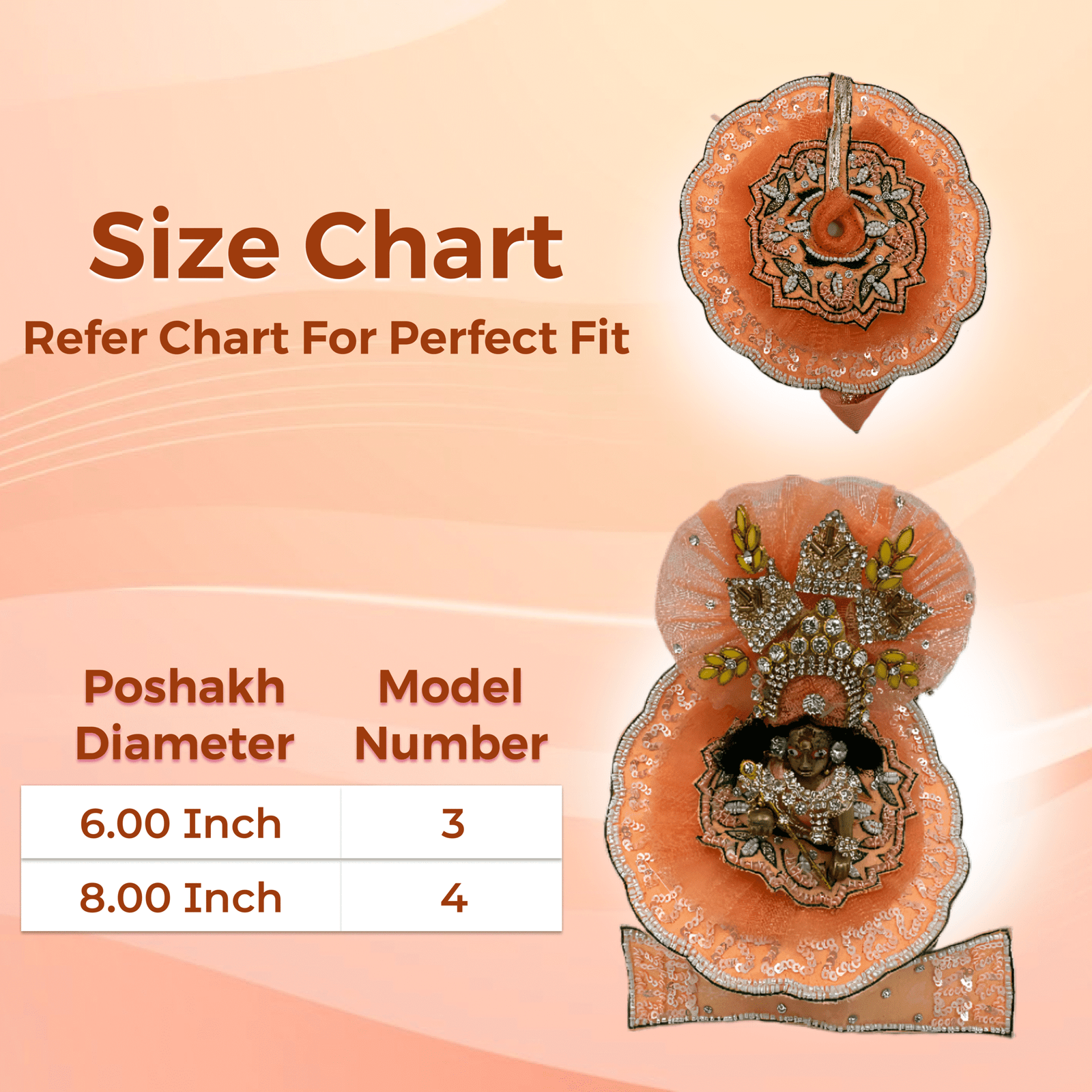 Kanha Peach Poshak | 3 No. Model | Size – 6 Inch Designer Poshak with Neckless, ANG Rakha and Beautiful Pagri | Heavy Zardozi Silk Net Dress for Krishna Ji | Thakur Ji