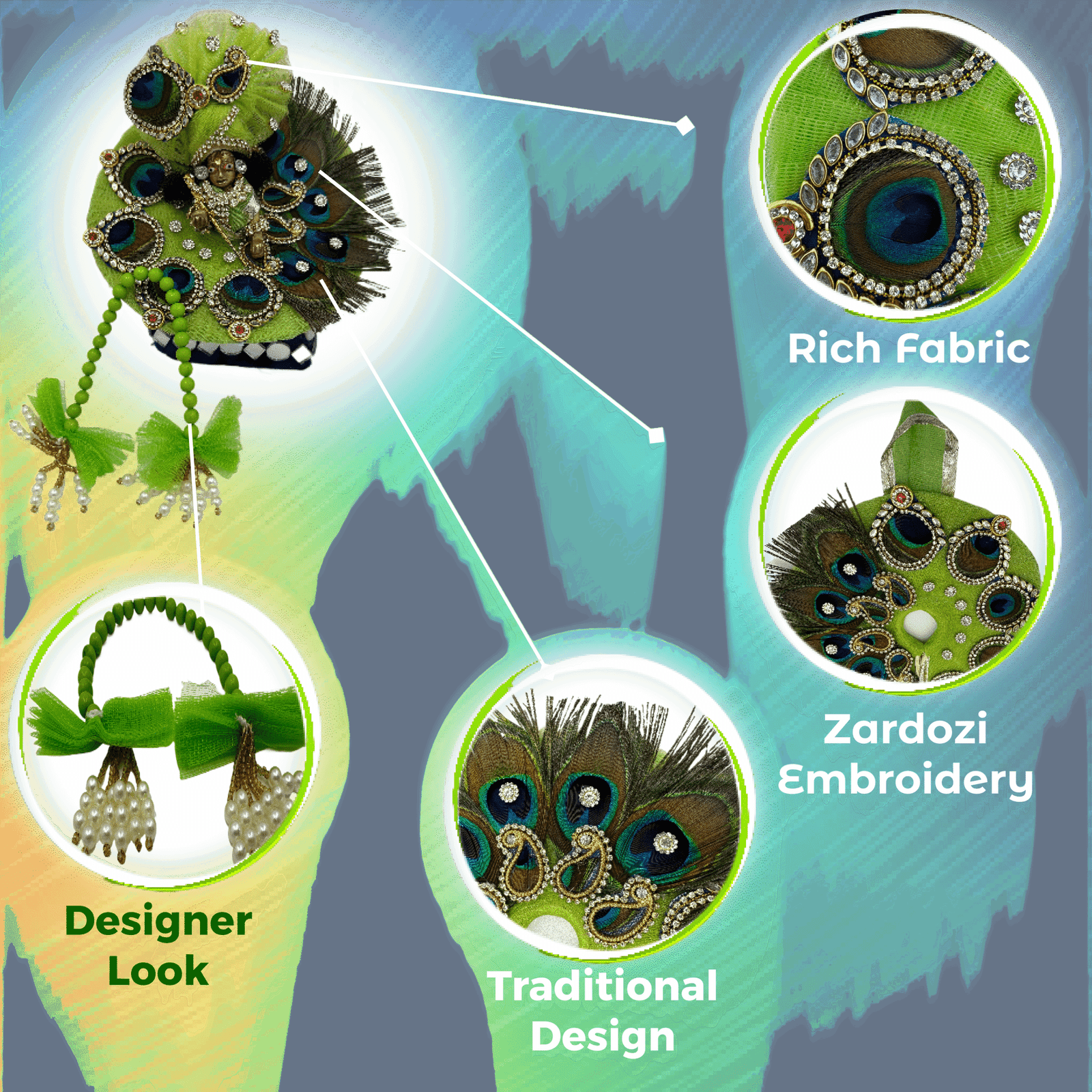 Kanha Green Peacock Poshak | 4 No. Model | Size – 8 Inch Designer Poshak with Neckless, ANG Rakha and Beautiful Pagri | Heavy Zardozi Silk Net Dress for Krishna Ji | Thakur Ji