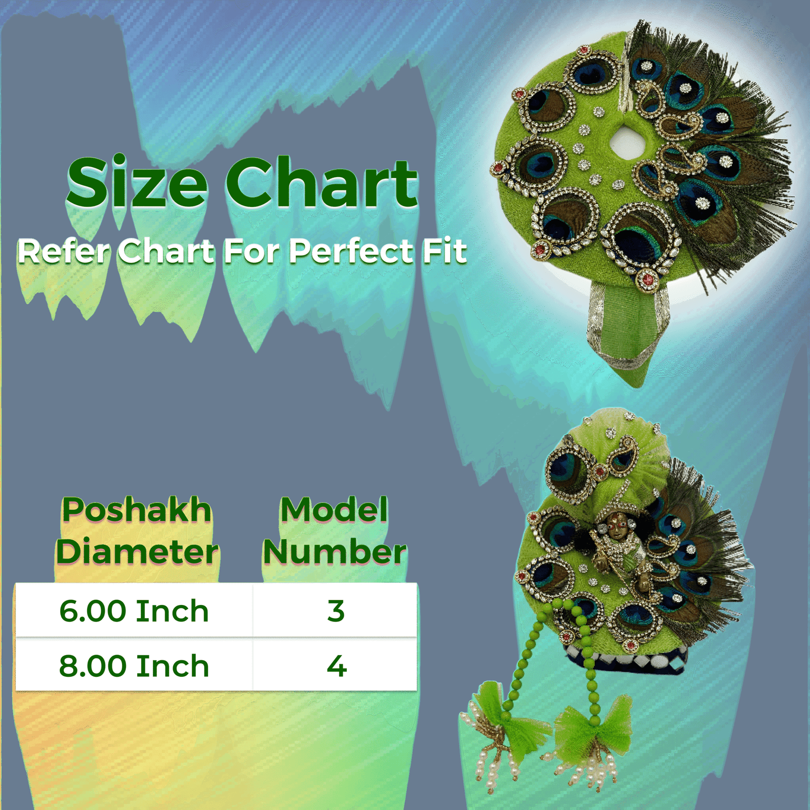 Kanha Green Peacock Poshak | 3 No. Model | Size - 6 Inch Designer Poshak with Neckless, ANG Rakha and Beautiful Pagri | Heavy Zardozi Silk Net Dress for Krishna Ji | Thakur Ji - Image 3