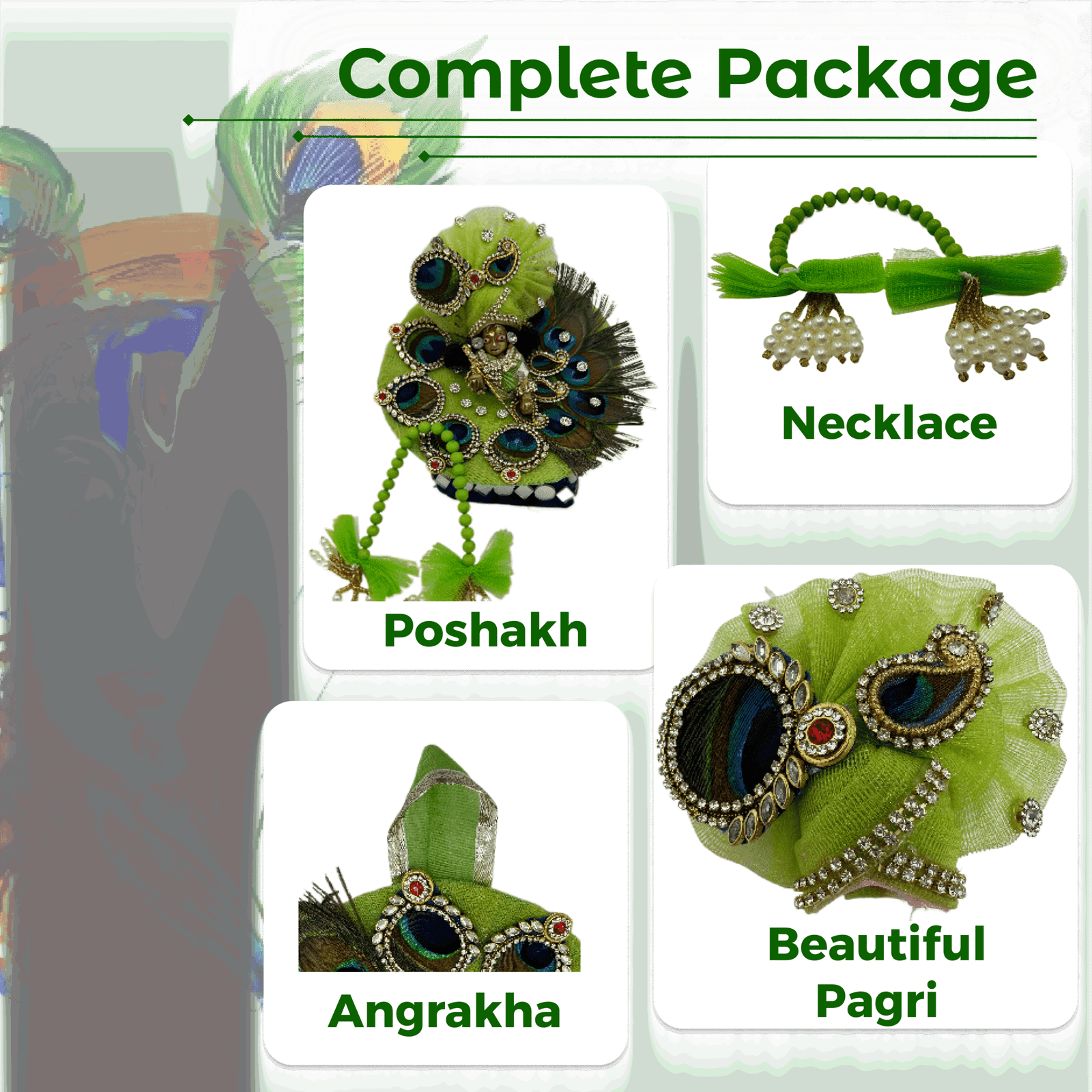 Kanha Green Peacock Poshak | 3 No. Model | Size – 6 Inch Designer Poshak with Neckless, ANG Rakha and Beautiful Pagri | Heavy Zardozi Silk Net Dress for Krishna Ji | Thakur Ji