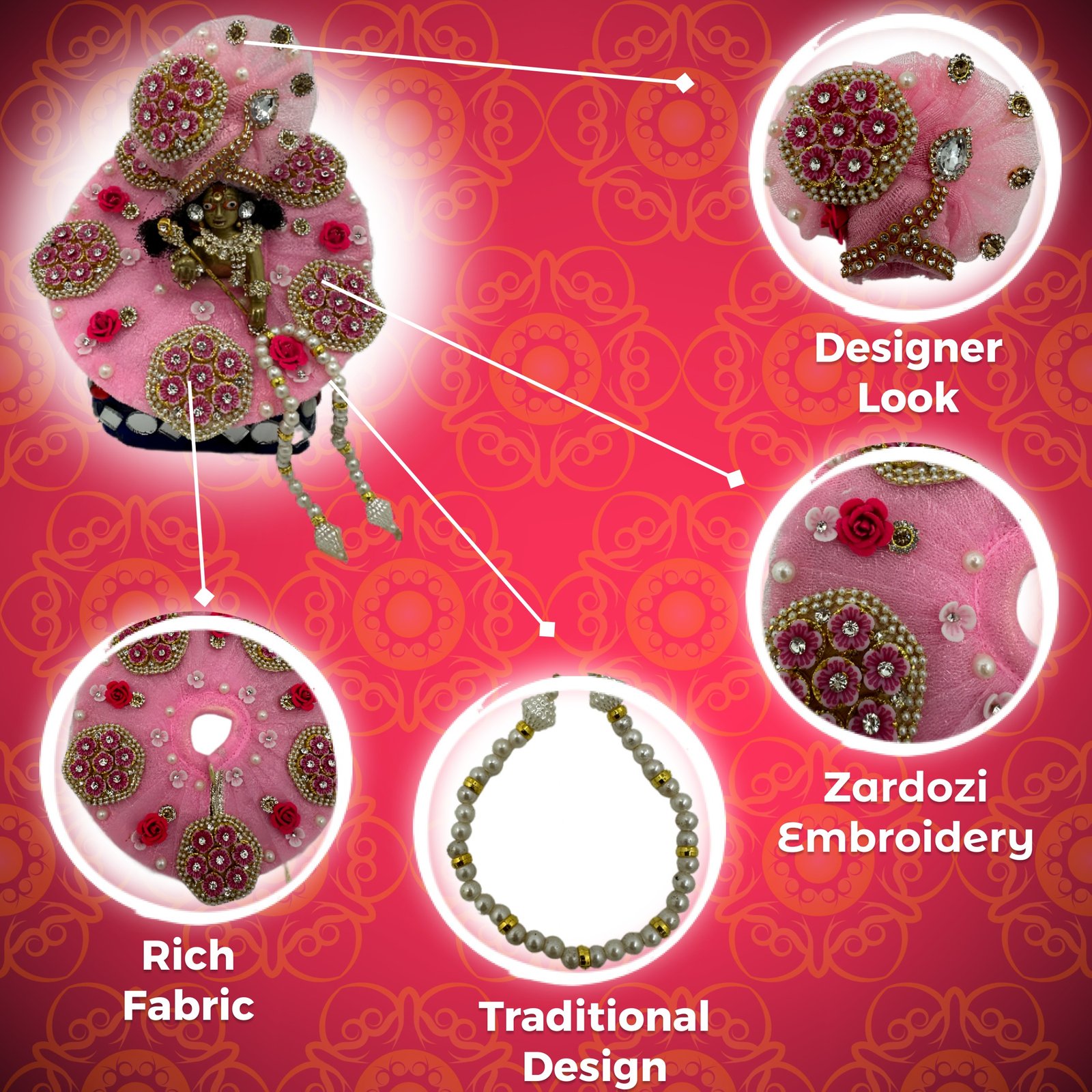 Kanha Pink Poshak | 4 No. Model | Size - 8 Inch Designer Poshak with Neckless, ANG Rakha and Beautiful Pagri | Heavy Zardozi Silk Net Dress for Krishna Ji | Thakur Ji - Image 2