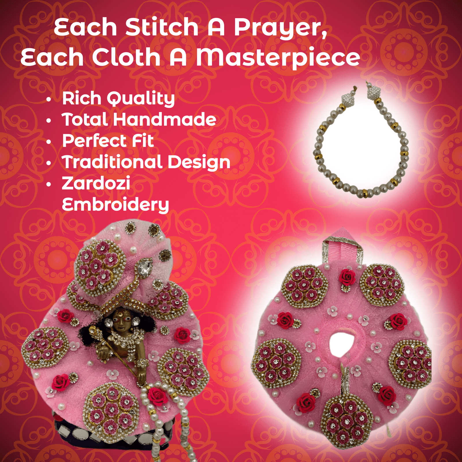 Kanha Pink Poshak | 3 No. Model | Size – 6 Inch Designer Poshak with Neckless, ANG Rakha and Beautiful Pagri | Heavy Zardozi Silk Net Dress for Krishna Ji | Thakur Ji