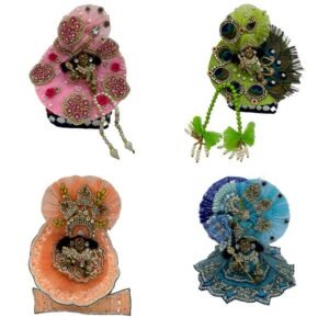 Kanha Ji Designer (Pack of 4) Peach + Pink + Blue + Green Peacock Coloured Poshak 4 No. Model, Heavy Zardozi Silk Net Dress for Krishna Ji | Thakur Ji, Bal Gopal Heavy Dress (8 Inch)