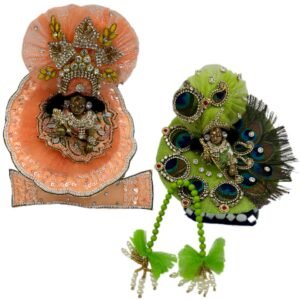 Kanha Ji Designer (Pack of 2) Poshak 4 No. Model,Heavy Zardozi Silk Net Dress for Krishna Ji | Thakur Ji, Bal Gopal Heavy Dress (Peach & Green, 8 Inch)