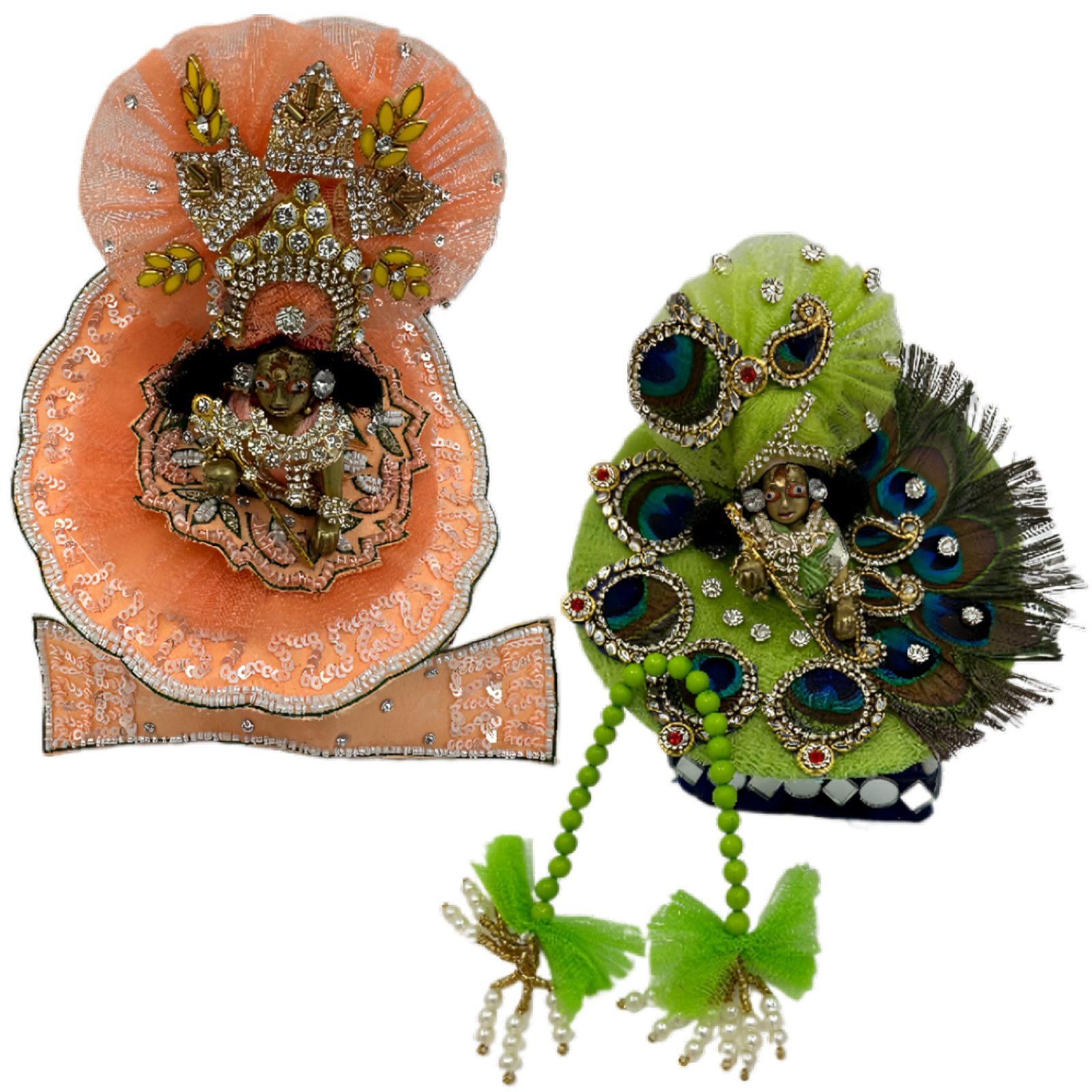 Kanha Ji Designer (Pack of 2) Poshak 4 No. Model,Heavy Zardozi Silk Net Dress for Krishna Ji | Thakur Ji, Bal Gopal Heavy Dress (Peach & Green, 8 Inch)