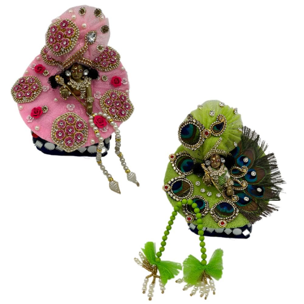 Kanha Ji Designer (Pack of 2) Poshak 4 No. Model,Heavy Zardozi Silk Net Dress for Krishna Ji | Thakur Ji, Bal Gopal Heavy Dress (Pink & Green, 8 Inch)